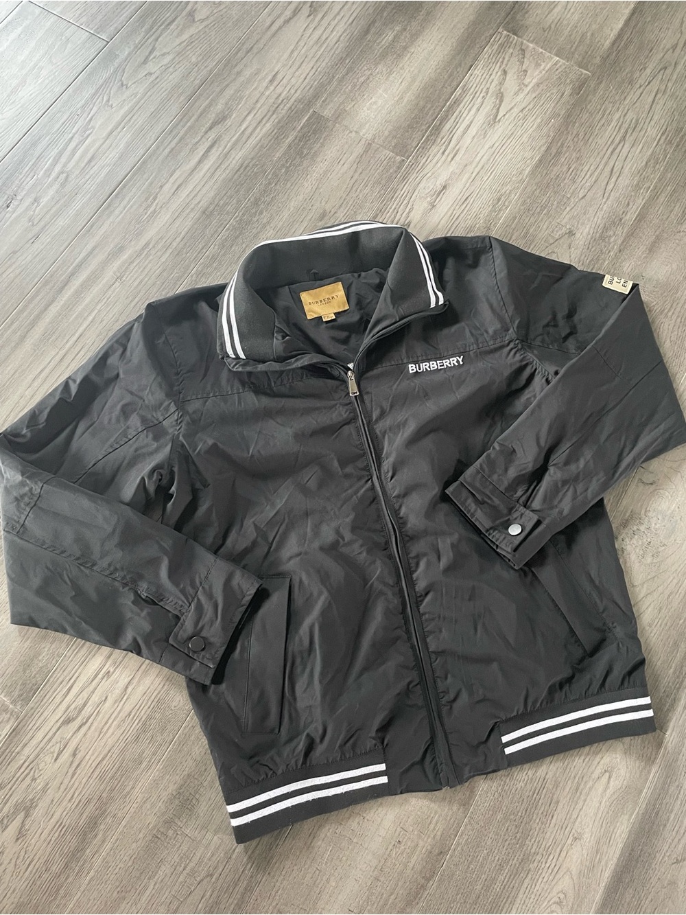 Burberry Black Lightweight Zip-Front Jacket with Stripe Trim